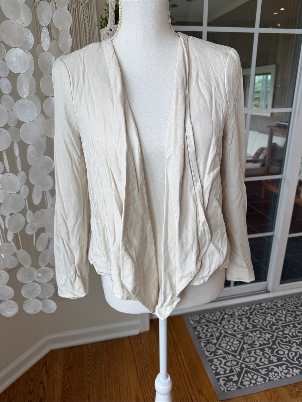 Viscose Light Cream Draped Open-Front Women's Jacket Cardigan
